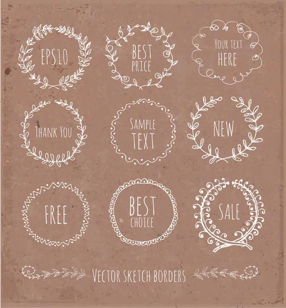 Circle floral borders. Sketch frames, hand-drawn on brown paper. — Stock Vector