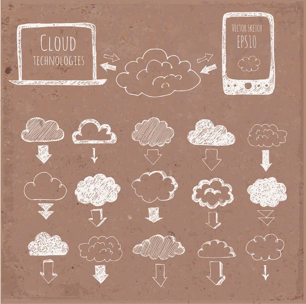Cloud Computing Skizze. Symbole aus Wolken, Telefon, Laptop und Pfeilen. — Stockvektor