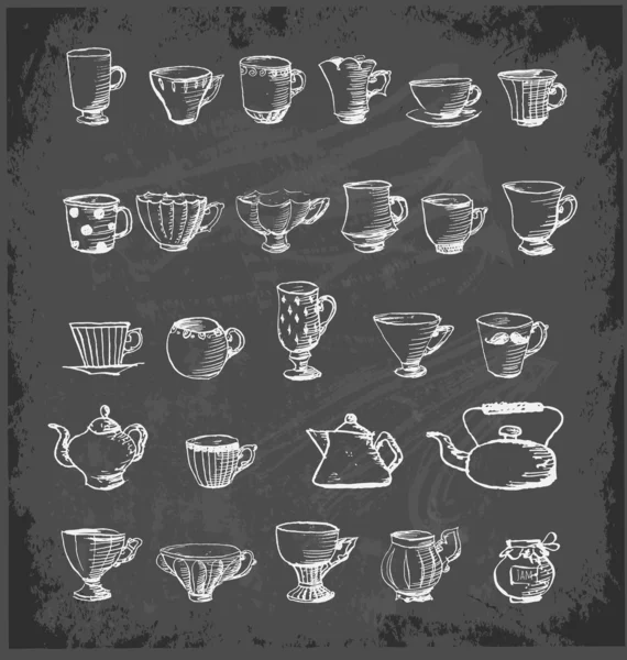 Sketches of tea objects. Hand drawn on blackboard. — Stock Vector