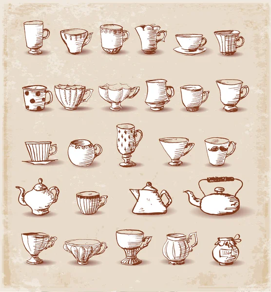 Sketches of cute boiling teapots hand-drawn in vintage style. — Stock Vector