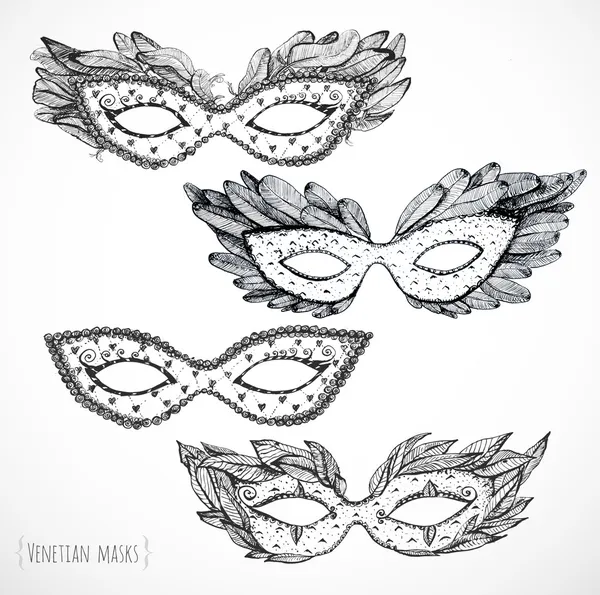 Cuatro bocetos de máscaras venecianas festivas — Vector de stock