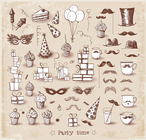 Set of sketch party objects hand-drawn with ink in vintage style. — Stock Vector