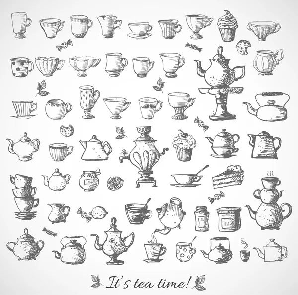 Bocetos de objetos de té. Mano dibujada con tinta — Archivo Imágenes Vectoriales