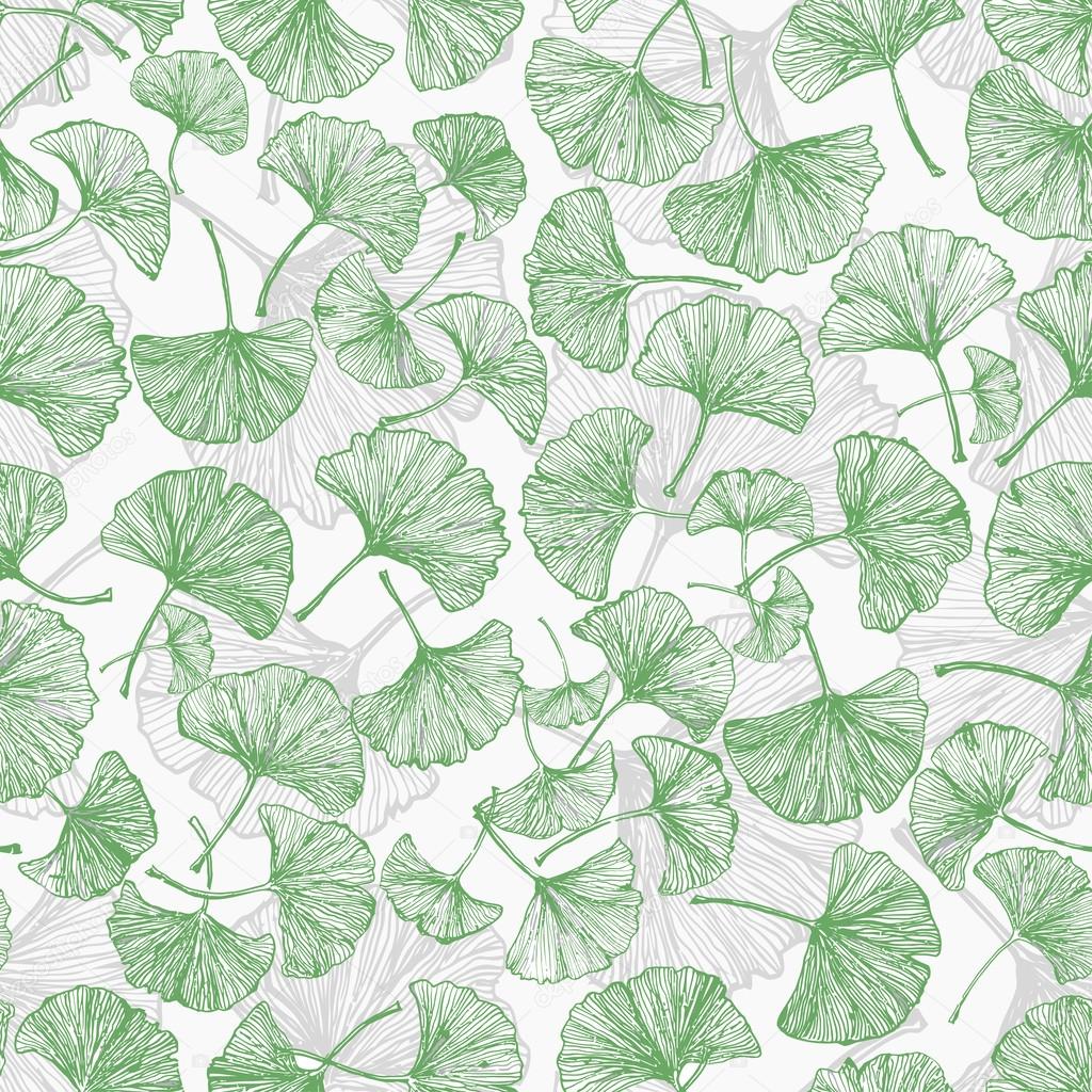 Green floral seamless background with ginkgo leaves.