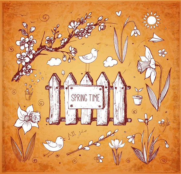 水仙，番红花，猫柳，雪花莲，鸟 — 图库矢量图片