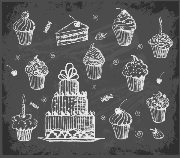 Cakes en cakejes op blackboard — Stockvector