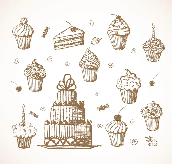 Croquis de gâteaux et cupcakes — Image vectorielle