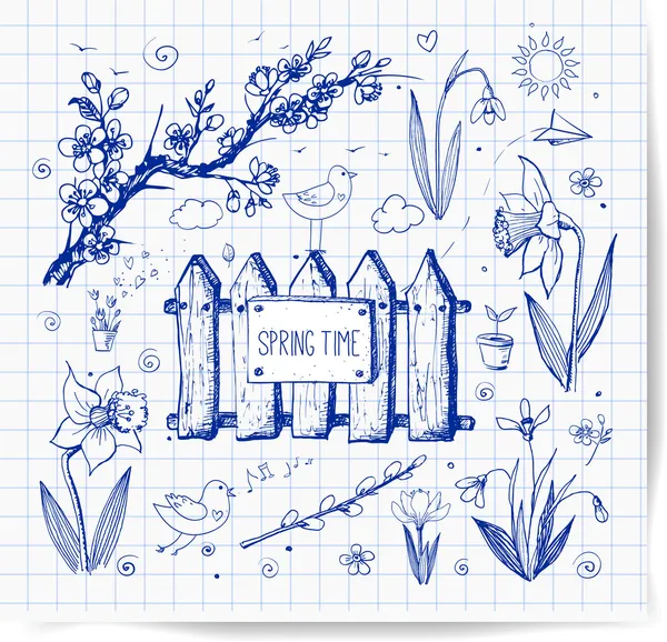 Daffodils, crocus, pussy willow, snowdrops, birds Royalty Free Stock Illustrations