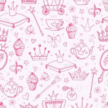 Pink seamless background with princess' accessories. clipart