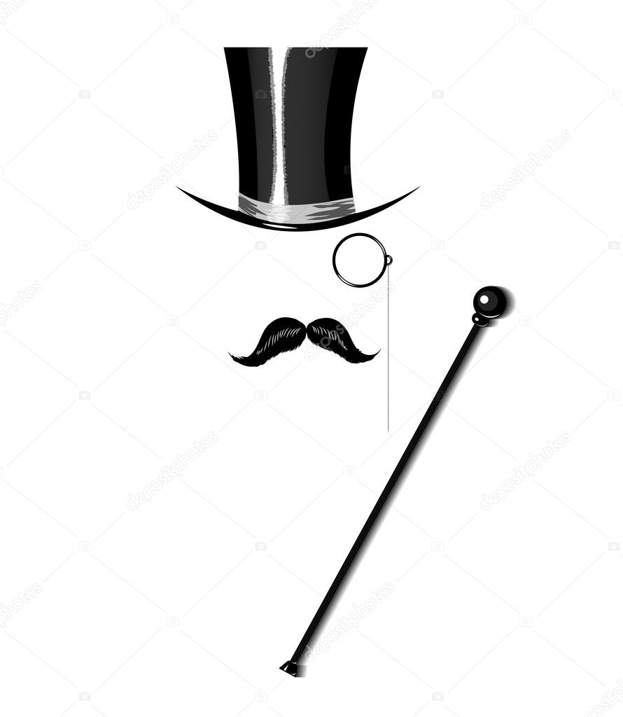 Cylinder, moustache, monocle and cane