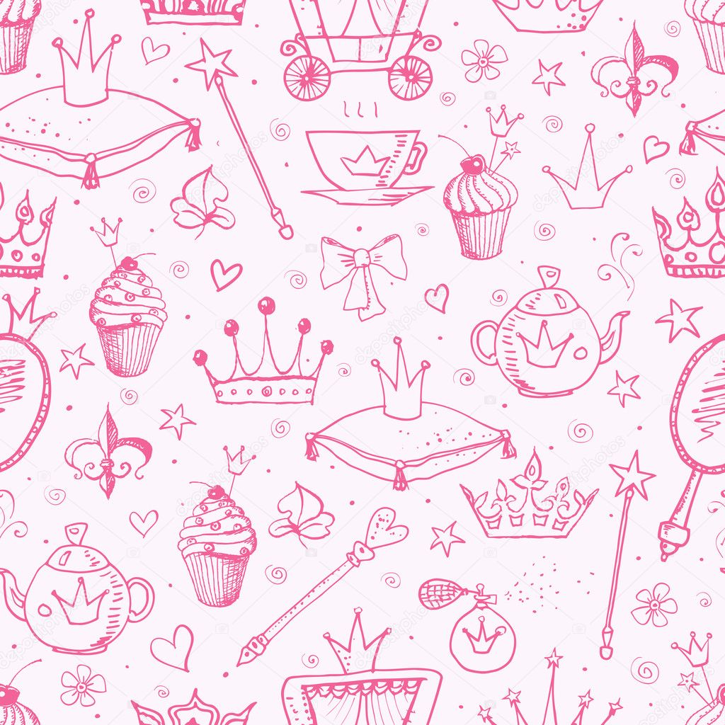 Pink seamless background with princess' accessories.