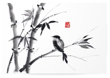 Card with bamboo and bird