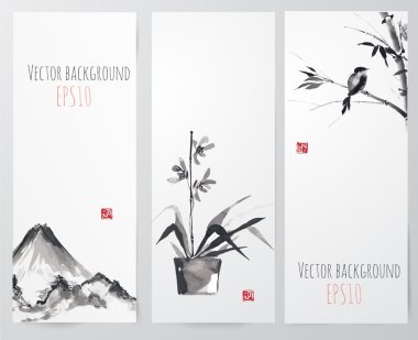 bambu, dağlar ve kuş afiş