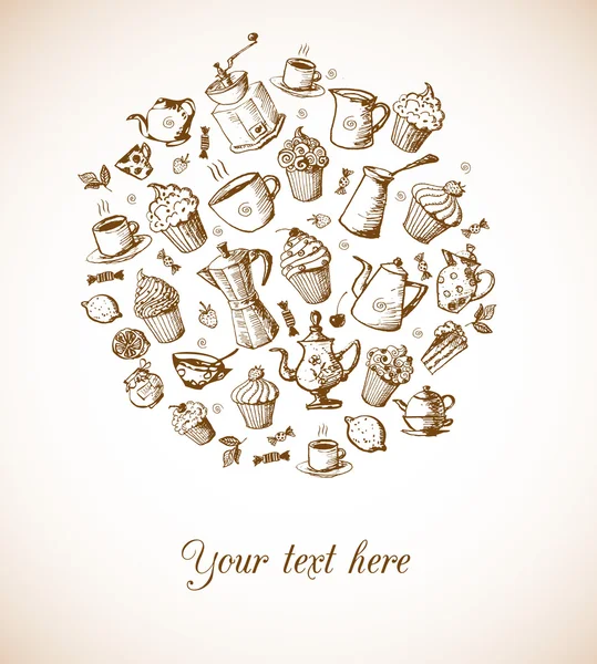Carte avec gâteaux, cupcakes, thé et objets de café — Image vectorielle