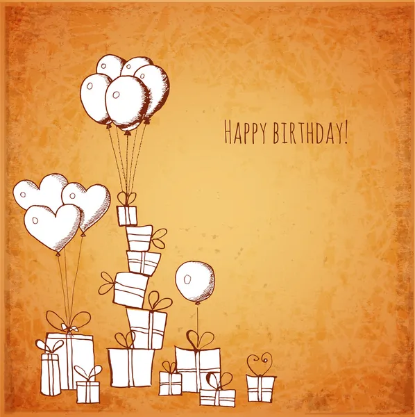 Открытка на день рождения с воздушными шарами и подарочными коробками — стоковый вектор