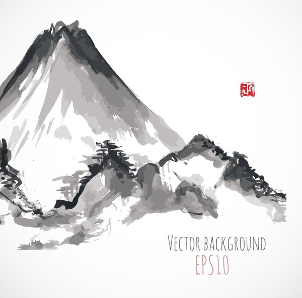 Горы, нарисованные чернилами вручную
