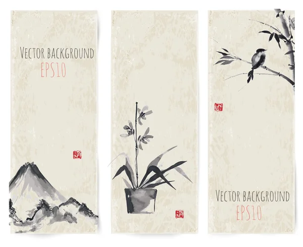 Banners con bambú, montañas y aves — Archivo Imágenes Vectoriales