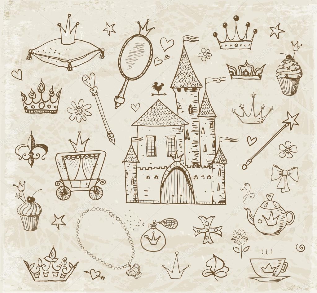 Sketches of princess' accessories in vintage style.