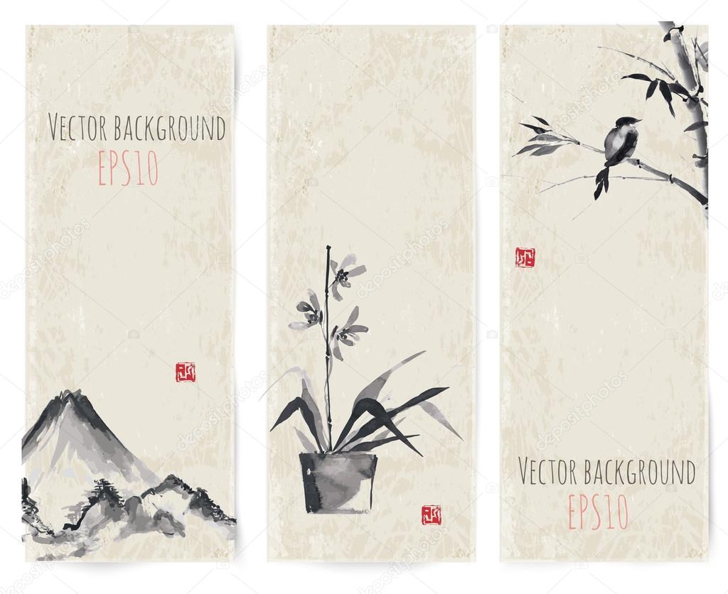 Banners with bamboo, mountains and bird