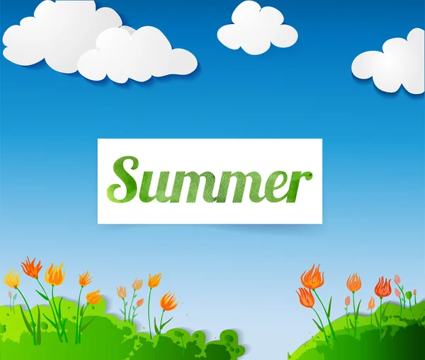 Summer sign  on spring landscape. — Stock Vector