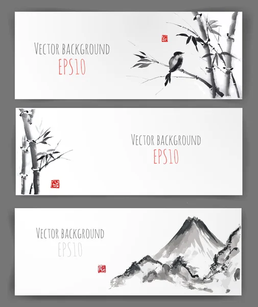 Banners con bambú, montañas y aves — Vector de stock