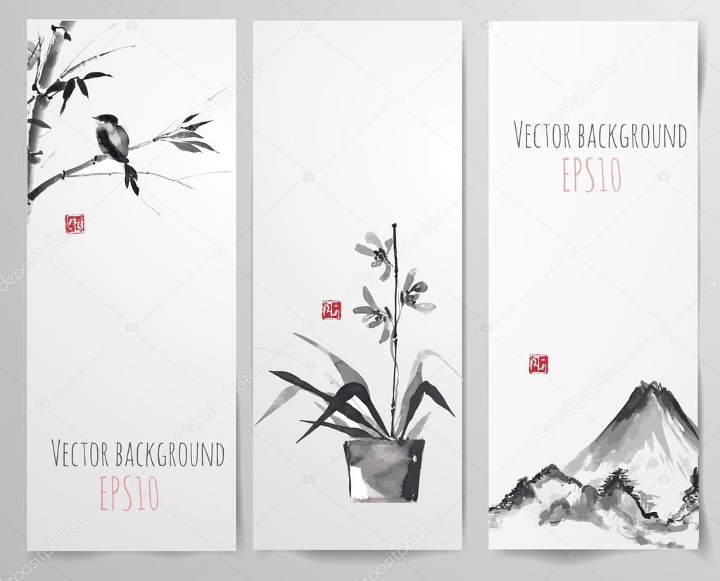 Banners with bamboo,mountains and bird