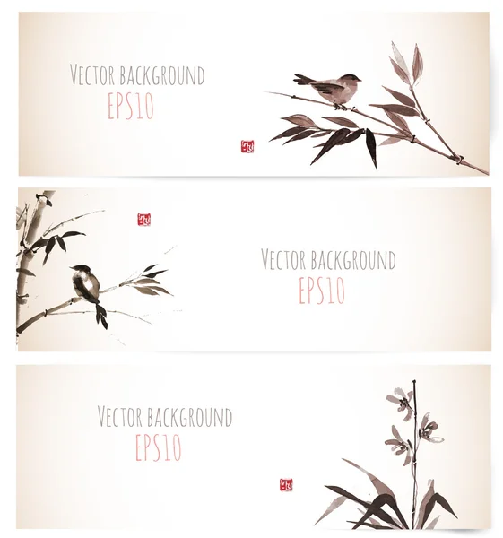 Bambú, orquídea y ave — Vector de stock