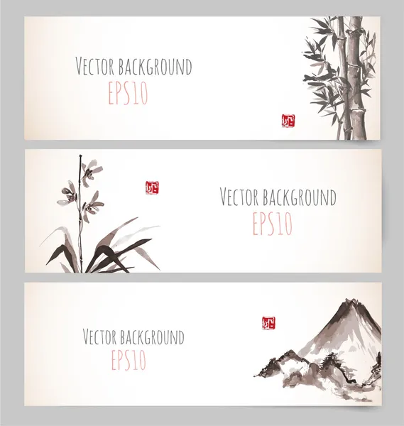 Bambu, montanhas e aves —  Vetores de Stock