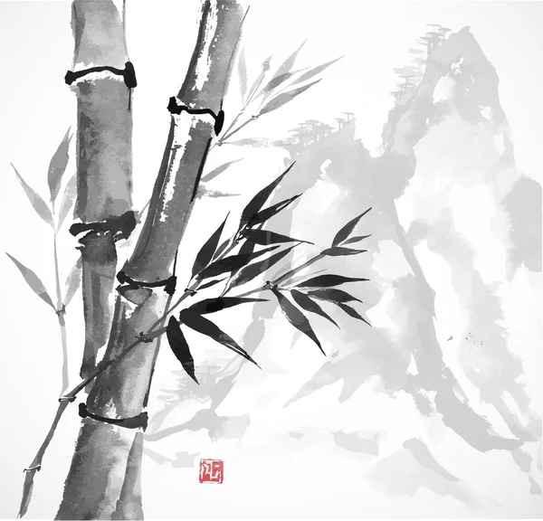 Bambú y montañas — Vector de stock
