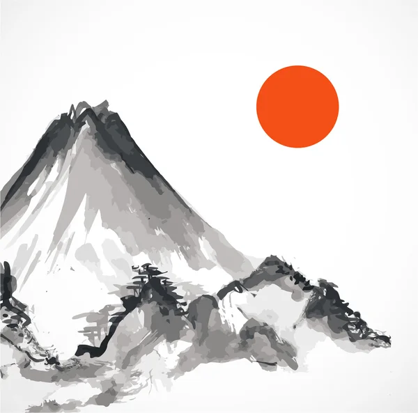 Montagnes et soleil rouge — Image vectorielle