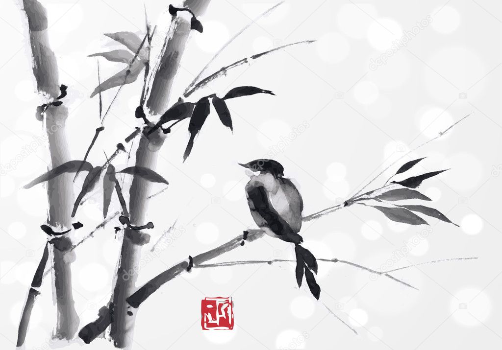 Card with bamboo and bird