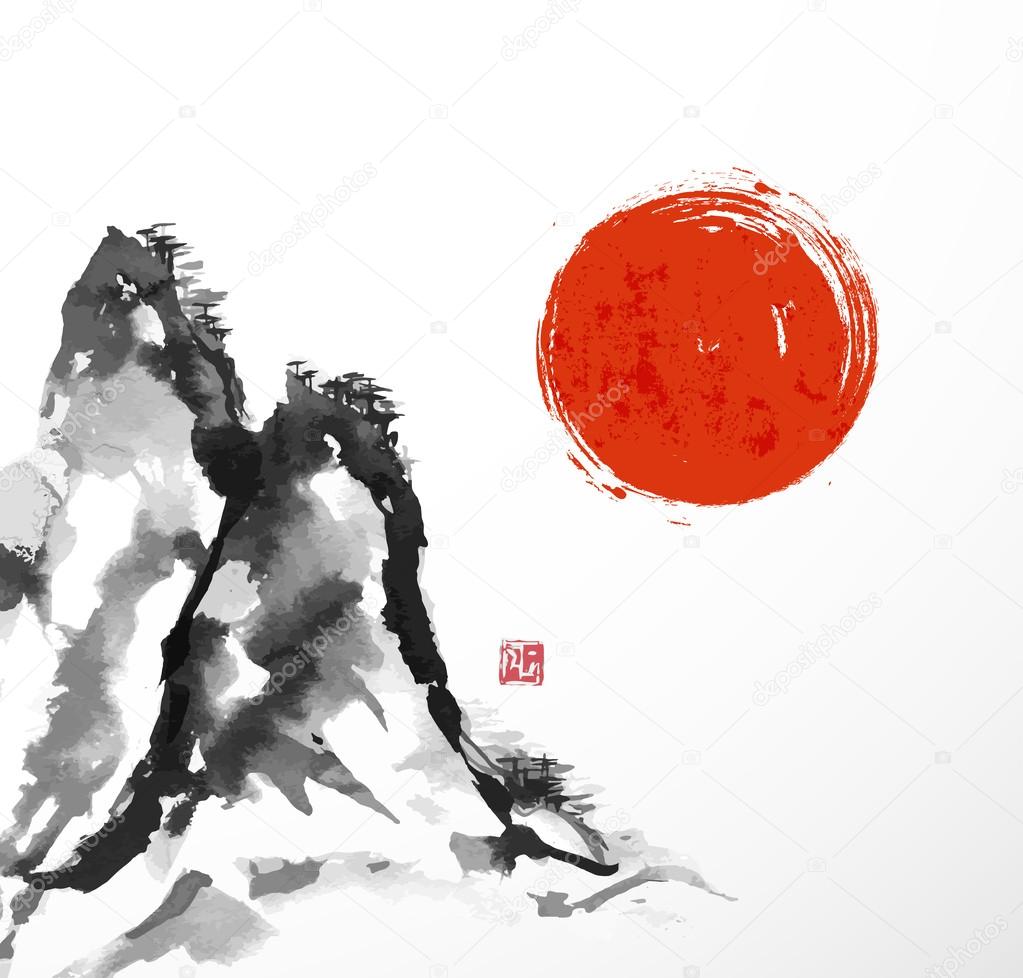 Mountains and red sun.