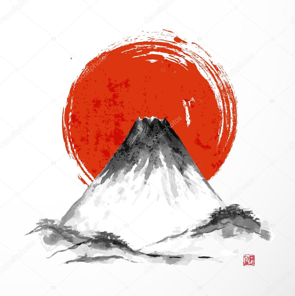 Fujiyama Mountain And Big Red Sun On White Background Traditional Japanese Style Sumi E Vector Illustration By Elinacious Fujiyama Mountain And Big Red Sun On White Background Traditional Japanese Style Sumi E Vector Illustration By Elinacious
