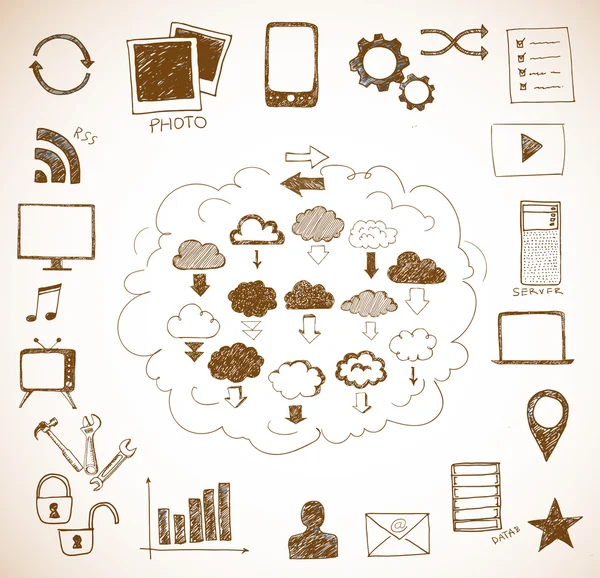 Croquis des éléments du cloud computing — Image vectorielle