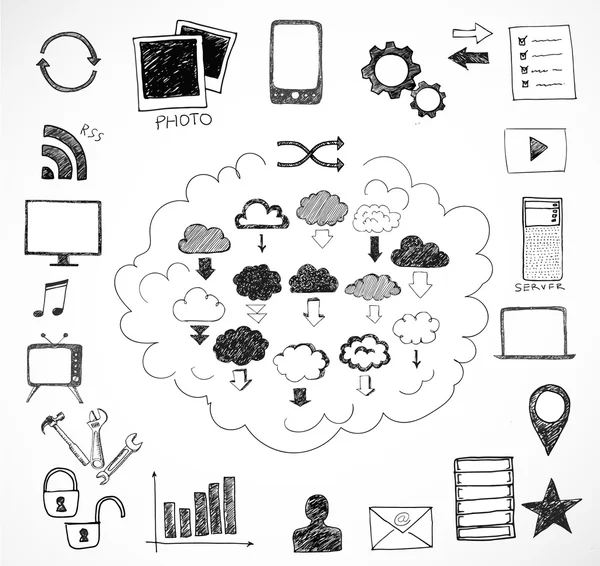 Croquis des éléments du cloud computing . — Image vectorielle
