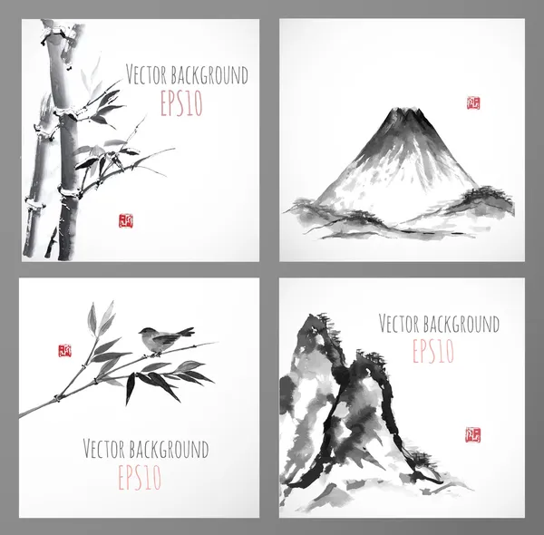 Bannières en bambou, montagnes et oiseaux — Image vectorielle