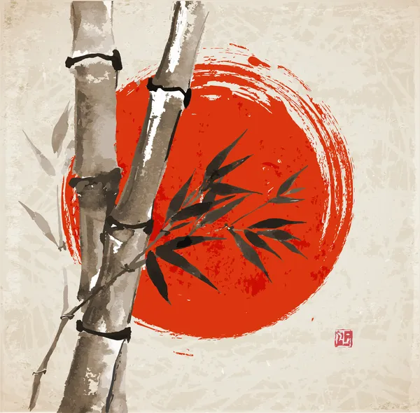Bambou et grand soleil rouge — Image vectorielle