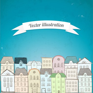 Şehir, evler ve mavi gökyüzü ile kart
