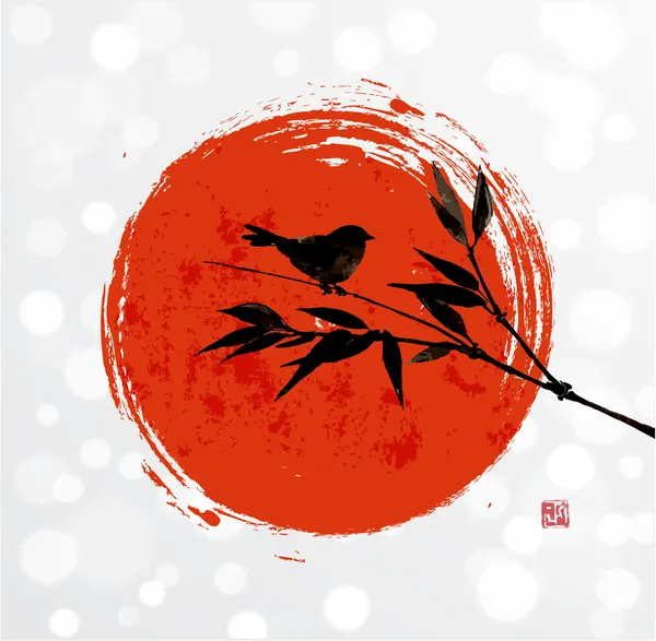 Carta con bambù, uccello e grande sole rosso — Vettoriale Stock