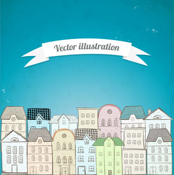 Card with city, houses and blue sky — Stock Vector