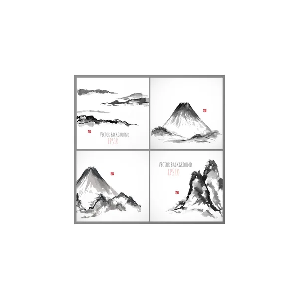 Composiciones Sumi-e con montañas — Vector de stock