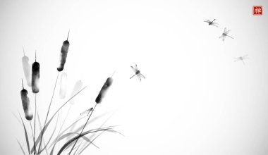 Kedi kuyruğu, sazlık bitkisi ve beyaz arka planda mürekkeple çizilmiş rüzgar sinekleri. Geleneksel oryantal mürekkep boyası sumi-e, u-sin, go-hua. Hiyeroglifin çevirisi - zen.