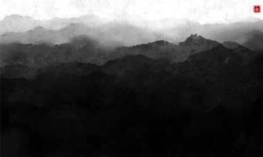 Puslu orman dağlarıyla kaplı minimalist karanlık bir manzara. Arkaplanda pirinç kağıtları. Geleneksel Japon mürekkebi sumi-e boyası. Hiyeroglifin çevirisi - sonsuzluk.