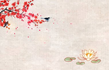 Sakura dalının altında nilüfer çiçekleri ve klasik arka planda iki küçük kuş.