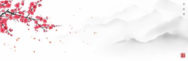 Çiçekli sakura dalları, rüzgarın üzerine düşen sakura yaprakları ve yumuşak yamaçlı sisli dağlar. Geleneksel oryantal mürekkep boyası sumi-e, u-sin, go-hua. Hiyeroglifler - barış, sükunet, berraklık