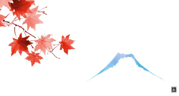 Kırmızı Akçaağaç Yaprağı Fujiama Dağı Geleneksel Japon Mürekkep Boyası Sumi — Stok Vektör