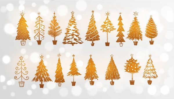 Set Gold Doodle Christmas Trees White Glowing Background — Stock Vector