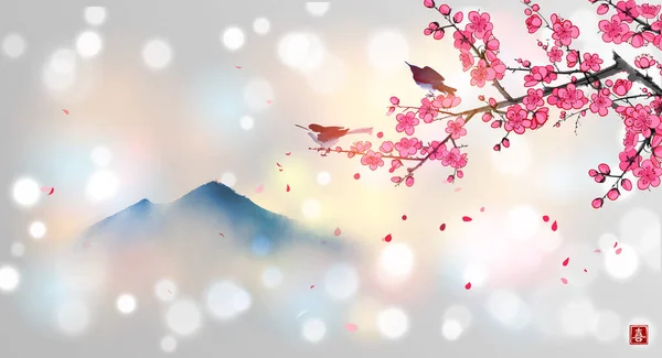 Two Birds Blossoming Sakura Tree Branch Far Blue Mountains Traditional — Stock Vector
