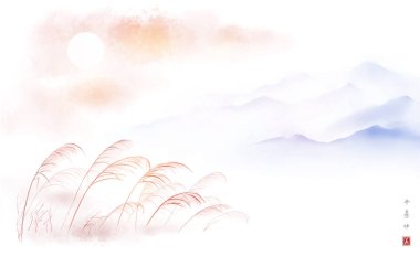 Rüzgarda çimen yaprakları ve uzak mavi dağlar. Geleneksel Japon mürekkep boyası sumi-e hiyeroglifler - ruh, doğa, barış, güzellik.