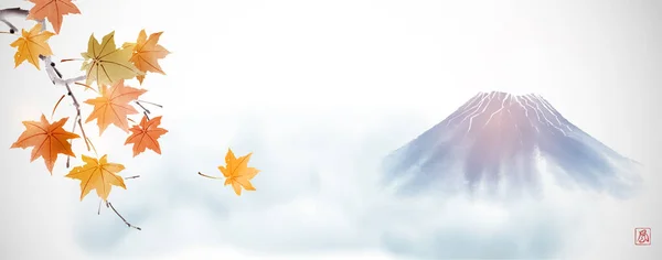 Podzimní Listí Větru Modrá Hora Fujiyama Tradiční Japonský Inkoustomalba Sumi — Stockový vektor